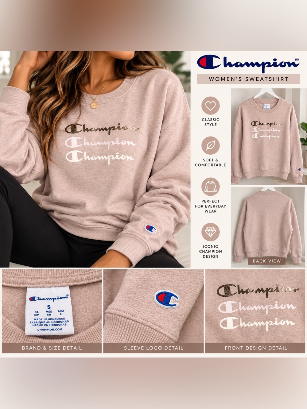 Champion Women's Crewneck Sweater - Blush Pink size small